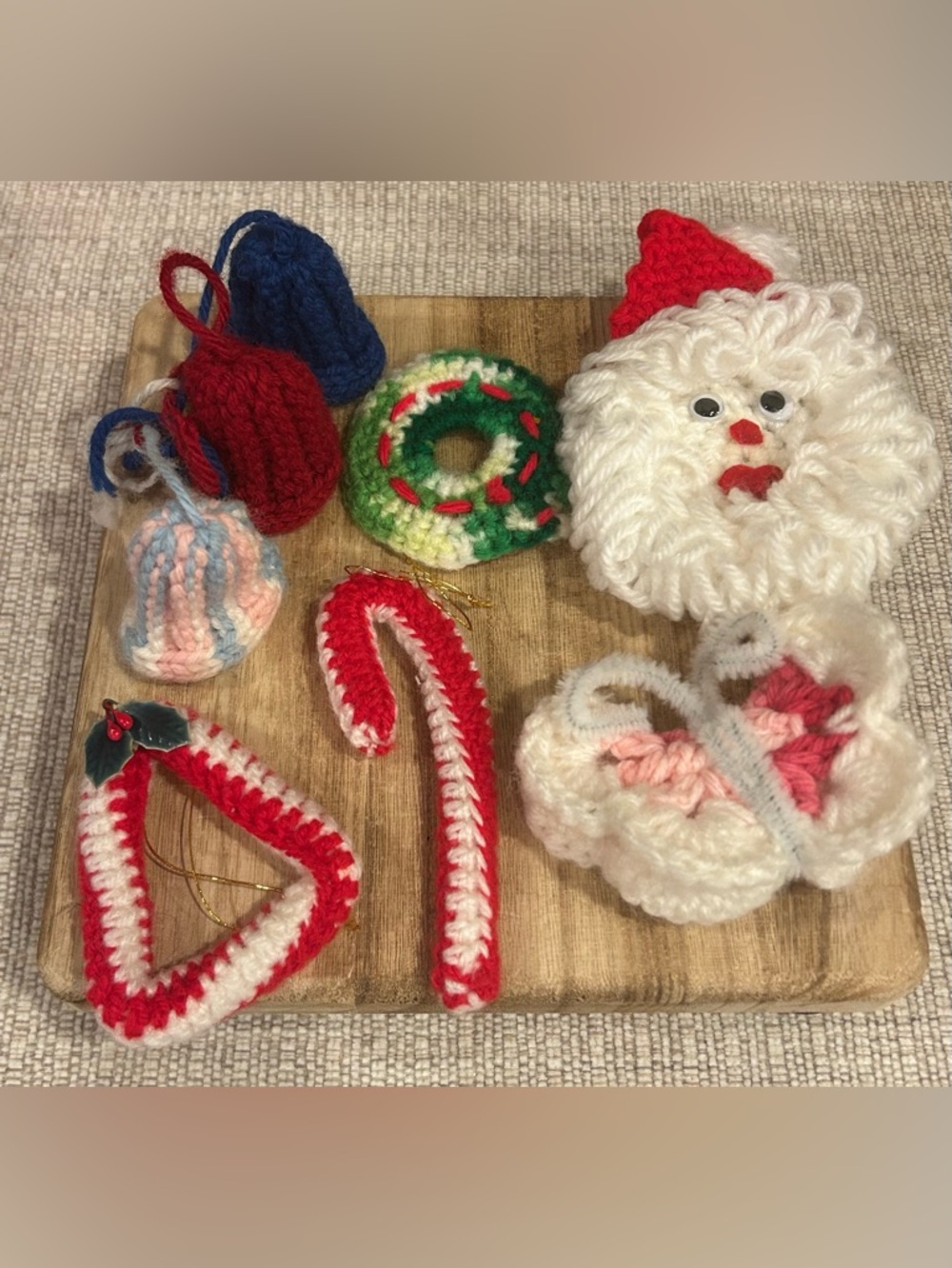 Lot of 6 Handmade Collection of Small Crochet Ornaments. Santa Face, Wreath, Can